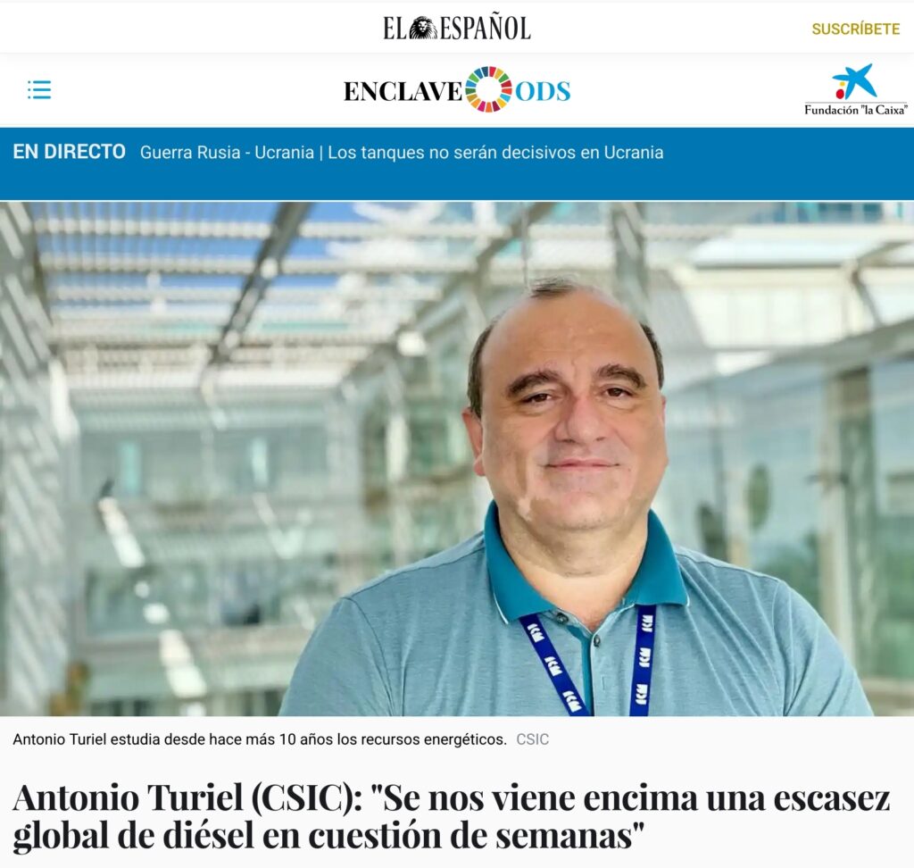 Noticia de El Español: "Antonio Turiel (CSIC): 'Se nos viene encima una escasez global de diésel en cuestión de semanas'"