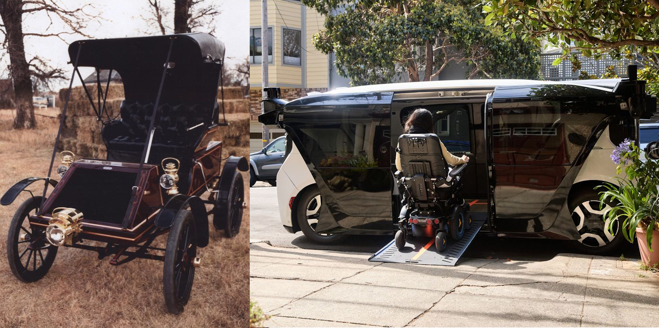 Faetón sin caballos (izquierda) y robotaxi accesible de Cruise con una persona accediendo en silla de ruedas por la rampa lateral.