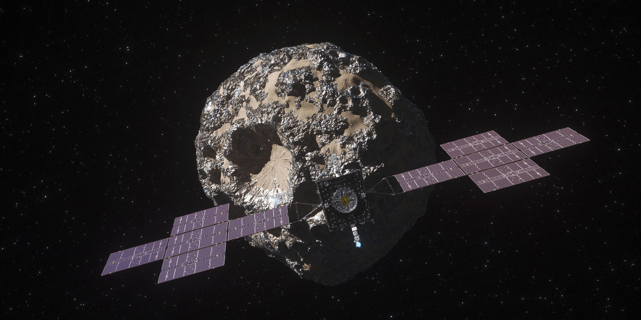 La nave Psyche de NASA se aproxima al asteroide 16 Psique en esta recreación artística.