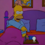 Homer Simpson, en su cama, señala a un dispositivo con una bombilla encendida y otros componentes, mientras dice «En esta casa se respetan las leyes de la Termodinámica».