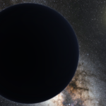 El hipotético Planeta 9 eclipsando la Vía Láctea. Arriba y a la derecha de la imagen destaca el Sol como una estrella más, particularmente brillante. La elipse a su alrededor simboliza la órbita de Neptuno.