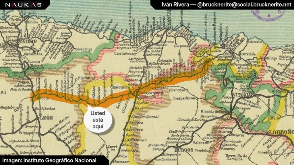 Charla "La maldición de la pata de mono", Naukas Guardo 2024, diapositiva 24. Mapa de principios del siglo XX con líneas de ferrocarril. Destacada con marcador naranja, la línea La Robla-Balmaseda.