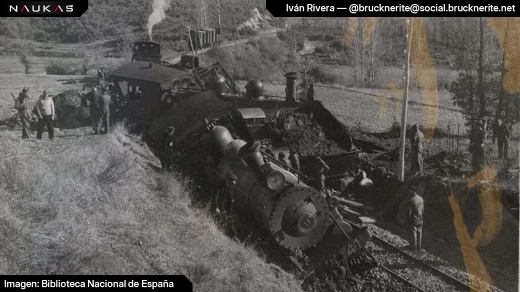 Charla "La maldición de la pata de mono", Naukas Guardo 2024, diapositiva 26. Dos locomotoras descarriladas en la línea entre La Robla y Balmaseda durante la guerra Civil.