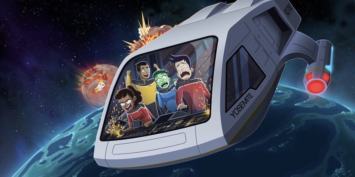Los cuatro protagonistas de Star Trek: Lower Decks (Mariner, Rutherford, Tendi y Boimler) en plena aventura dentro de la lanzadera Yosemite (vista desde fuera, ellos están dentro y se ven por la amplia ventana delantera).