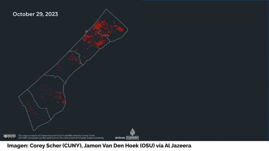 Mapa de la franja de Gaza mostrando las áreas destruidas el 29 de octubre de 2023 en color rojo. Van aumentando en fechas posteriores, expandiéndose por casi todo el territorio. Imagen: Corey Scher (CUNY), Jamon Van Den Hoek (OSU), vía Al Jazeera.
