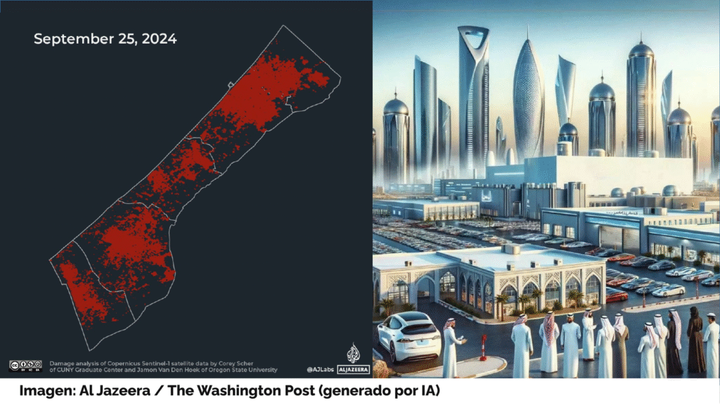 Mapa de la franja de Gaza mostrando las áreas destruidas el 25 de septiembre de 2024 en color rojo. A la derecha, una imagen panorámica de una ciudad futurista con rascacielos al fondo prácticamente clonados (hay seis casi iguales). En segundo plano, centros comerciales e inmensos aparcamientos llenos de coches. En primer plano, una serie de personas con traje típico árabe saudita. Imagen: Al Jazeera, The Washington Post (avisa de que está generada por inteligencia artificial).