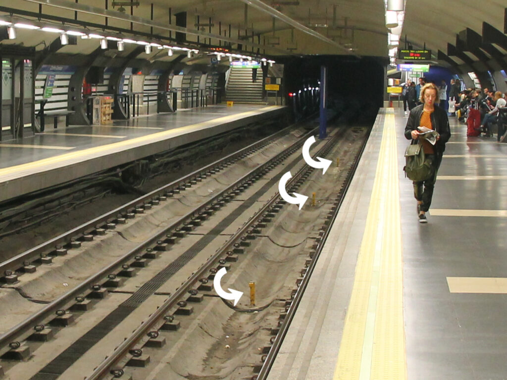 Andén y vías de la estación de Cuatro Caminos (Metro de Madrid, línea 1). Se señalan con tres flechas blancas la posición de unas balizas de radiofrecuencia (sobre pivotes amarillos de unos 30 cm de longitud, en el centro de la vía y dispuestas para que un lector en el tren las capte y disponga así de posicionamiento absoluto) usadas como parte del sistema de operación automática del tren (ATO).