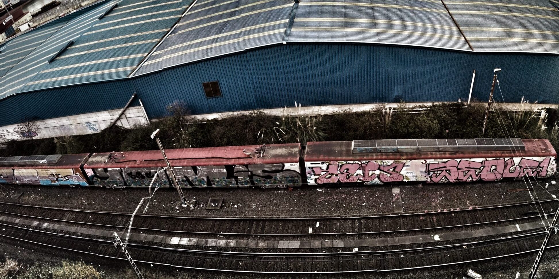 Vista desde una calle contigua muy elevada de las vías de tren que llevan a la estación de mercancías de Bilbao, en Santurtzi. Se ve, apartado en una vía secundaria, una unidad de S-446 profusamente vandalizada.