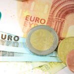 Billetes y monedas de euro. No muchos, el valor de lo que se ve es ligeramente superior a los 50 euros en varias denominaciones.