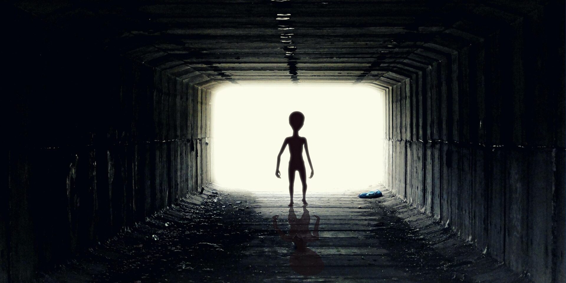 En un túnel rectangular de hormigón, más ancho que alto y con las esquinas ligeramente achaflanadas, la figura de un alienígena (básicamente una persona delgada y bajita, con la cabeza gorda) destaca en silueta contra la intensa luz al final del túnel. El suelo del túnel muestra cierta acumulación de escombros, como si no se hubiera limpiado en mucho tiempo.