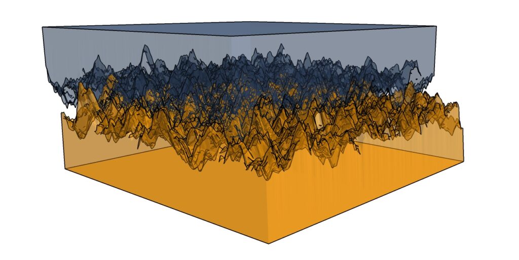 Dos superficies mostrando imperfecciones microscópicas muy ampliadas en su zona de contacto. Parecen dos áreas muy montañosas de terreno enfrentadas la una a la otra.