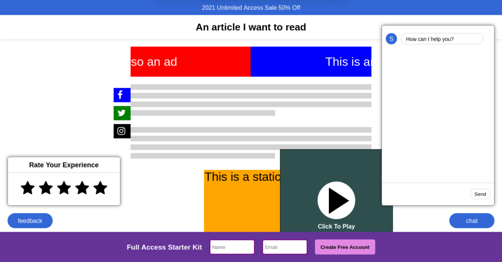Página genérica que muestra una experiencia demasiado típica en la web: el texto está cubierto por ventanas de chat, anuncios, barras de ofertas, botones para compartir en redes sociales, avisos de cookies, más anuncios…